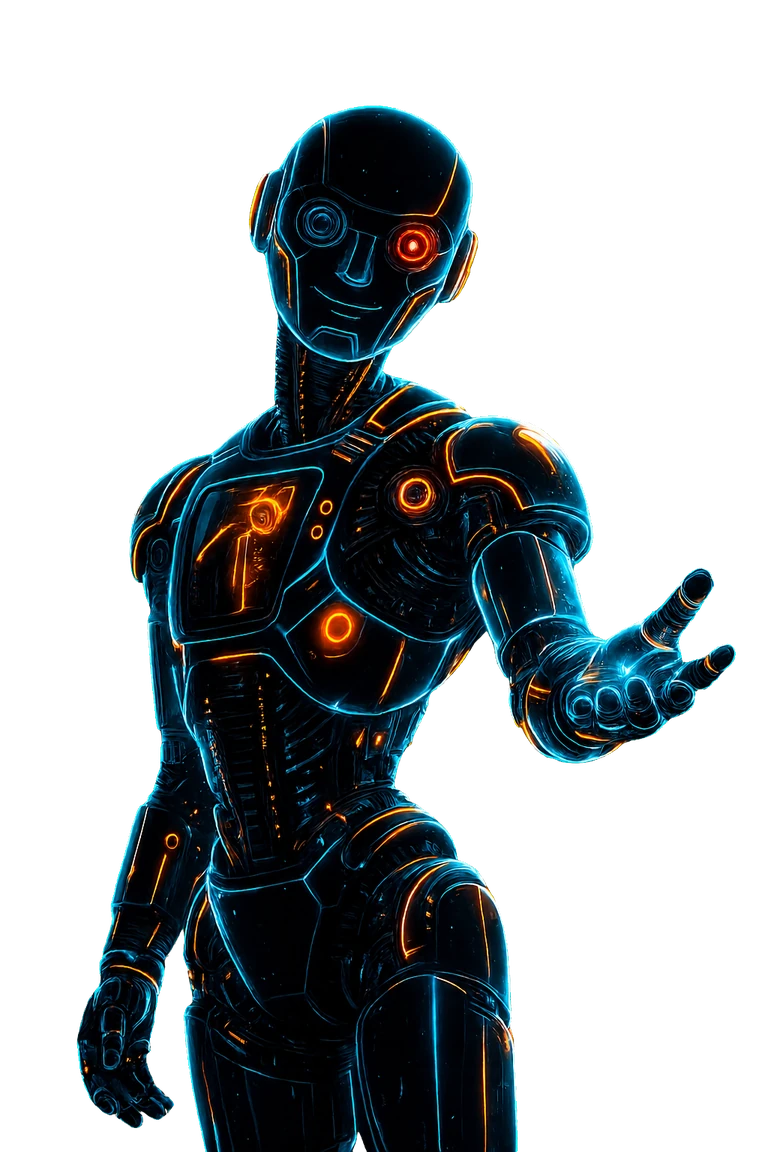 Blue and orange enterprise humanoid representing industrial AI and automation