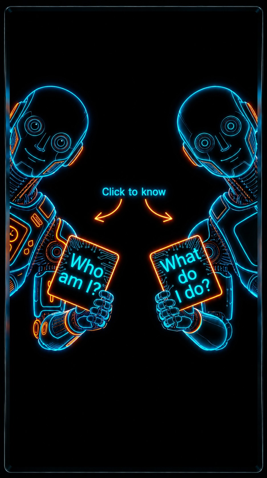 Two neon cyborg guides holding digital cards